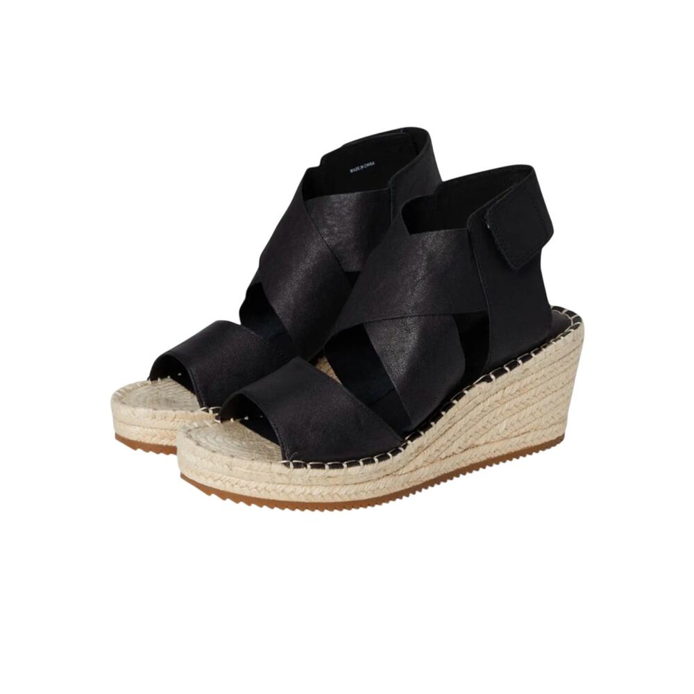 Eileen Fisher Willow black leather espadrille wedge sandals size 9.5
